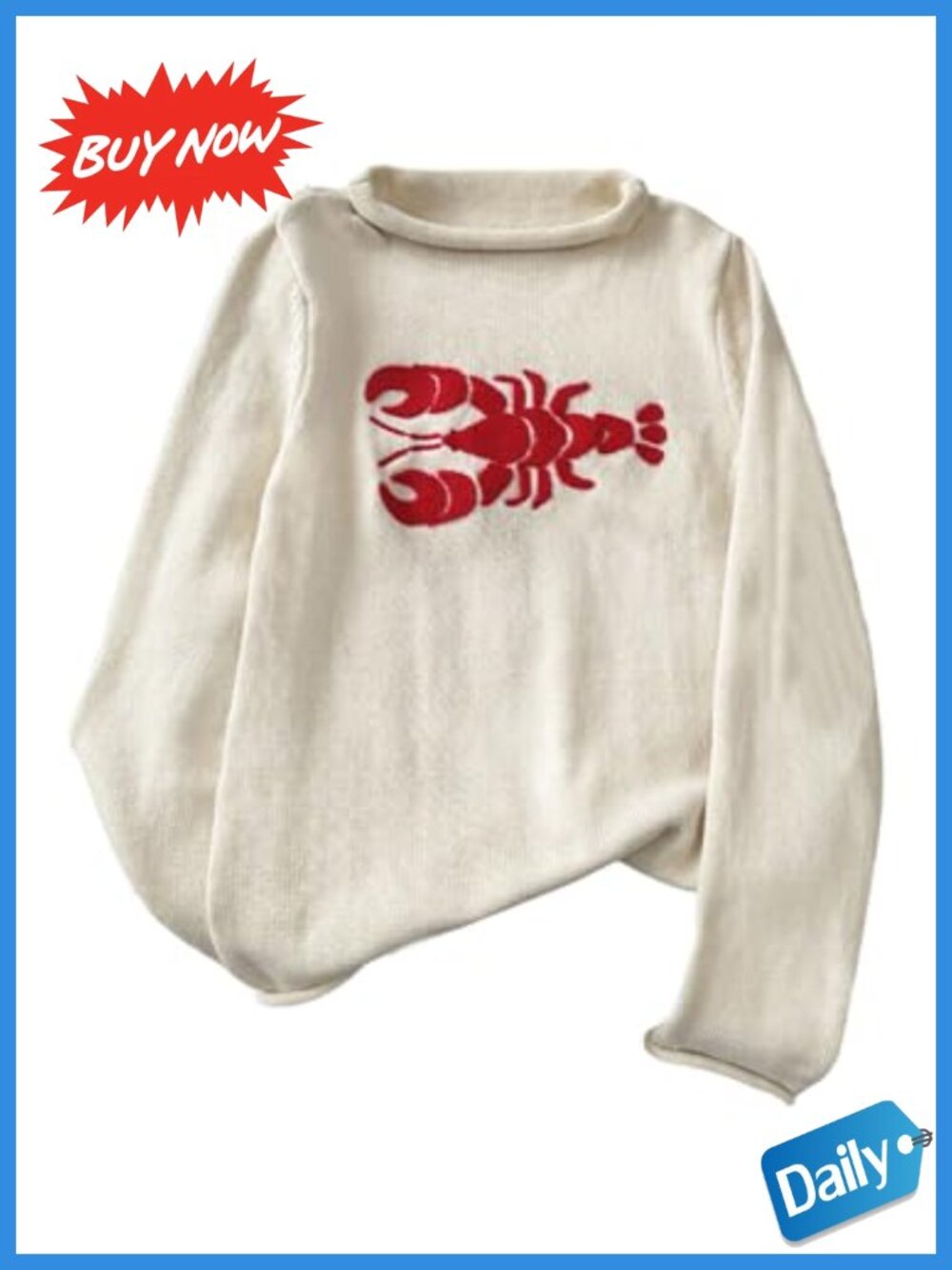 Cozy Roll Neck Lobster Sweater Embroidered Knit Pullover Long Sleeve Loose Fit